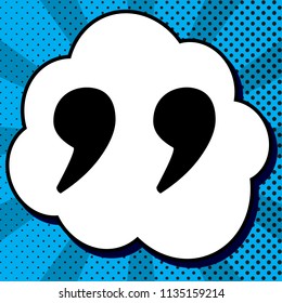 Quote sign illustration. Vector. Black icon in bubble on blue pop-art background with rays.