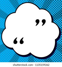 Quote sign illustration. Vector. Black icon in bubble on blue pop-art background with rays.