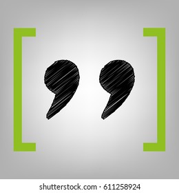 Quote sign illustration. Vector. Black scribble icon in citron brackets on grayish background.