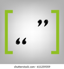 Quote sign illustration. Vector. Black scribble icon in citron brackets on grayish background.