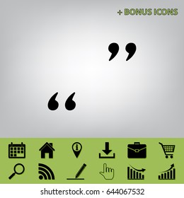 Quote sign illustration. Vector. Black icon at gray background with bonus icons at celery ones
