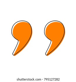Quote sign illustration. Vector. Black line icon with shifted flat orange filled icon on white background. Isolated.