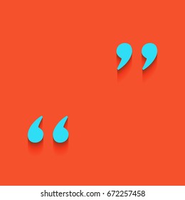 Quote sign illustration. Vector. Blue icon with soft shadow putted down on flamingo background.