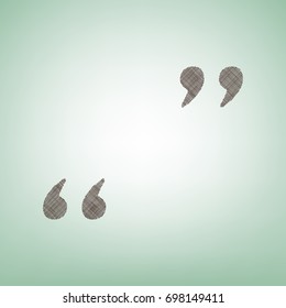 Quote sign illustration. Vector. Brown flax icon on green background with light spot at the center.
