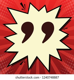 Quote sign illustration. Vector. Dark red icon in lemon chiffon shutter bubble at red popart background with rays.