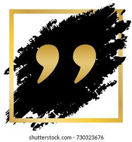 Quote sign illustration. Vector. Golden icon at black spot inside golden frame on white background.