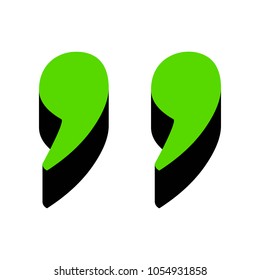 Quote sign illustration. Vector. Green 3d icon with black side on white background. Isolated.