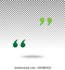 Quote sign illustration. Vector. Green gradient icon with shadow at bottom on transparent and white background.