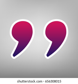 Quote sign illustration. Vector. Purple gradient icon on white paper at gray background.