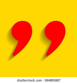 Quote sign illustration. Vector. Red icon with soft shadow on golden background.