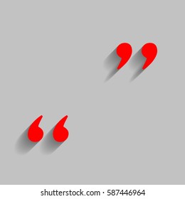 Quote sign illustration. Vector. Red icon with soft shadow on gray background.