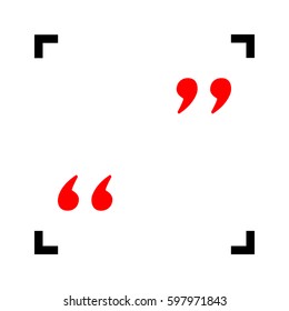 Quote sign illustration. Vector. Red icon inside black focus corners on white background. Isolated.