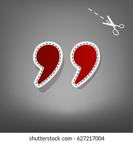 Quote sign illustration. Vector. Red icon with for applique from paper with shadow on gray background with scissors.