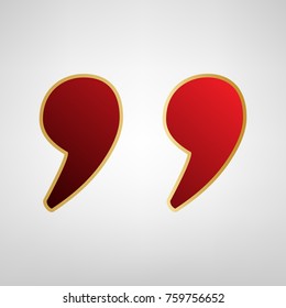 Quote sign illustration. Vector. Red icon on gold sticker at light gray background.