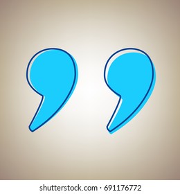 Quote sign illustration. Vector. Sky blue icon with defected blue contour on beige background.