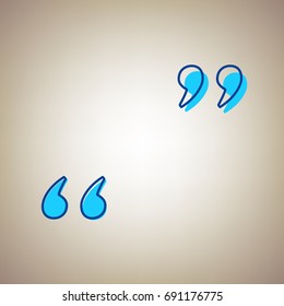 Quote sign illustration. Vector. Sky blue icon with defected blue contour on beige background.