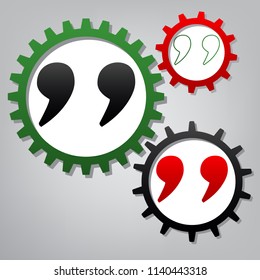 Quote sign illustration. Vector. Three connected gears with icons at grayish background.