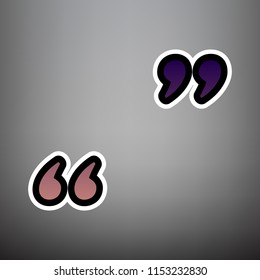 Quote sign illustration. Vector. Violet gradient icon with black and white linear edges at gray background.