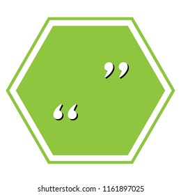Quote sign illustration. Vector. White icon with black shadow at yellow green honeycomb on white background.