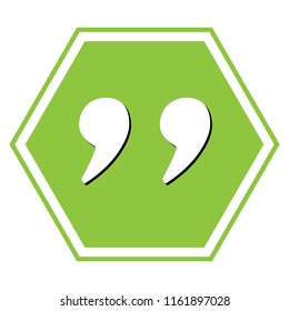 Quote sign illustration. Vector. White icon with black shadow at yellow green honeycomb on white background.