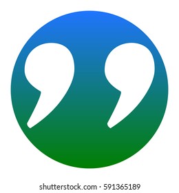 Quote sign illustration. Vector. White icon in bluish circle on white background. Isolated.