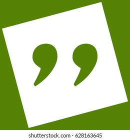 Quote sign illustration. Vector. White icon obtained as a result of subtraction rotated square and path. Avocado background.