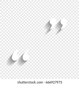 Quote sign illustration. Vector. White icon with soft shadow on transparent background.
