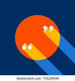 Quote sign illustration. Vector. White icon on tangelo circle with infinite shadow of light at cool black background. Selective yellow and bright navy blue are produced.