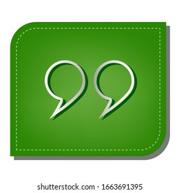 Signo de cita. Icono de línea de gradiente plateado con sombra verde oscuro en hoja verde con parches ecológicos. Ilustración.