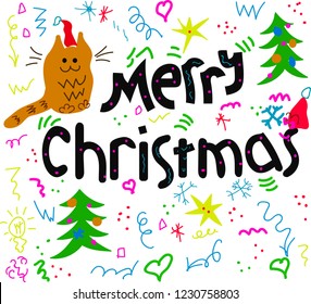 Quote, slogan, text about Christmas with a picture of a cat, Christmas tree, confetti, toys, stars