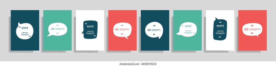 Quote speech box design templates set. Quatation text in bubble brackets frame. Citation empty graphic vector shape for social media inspiration posts. Motivation quote bubbles