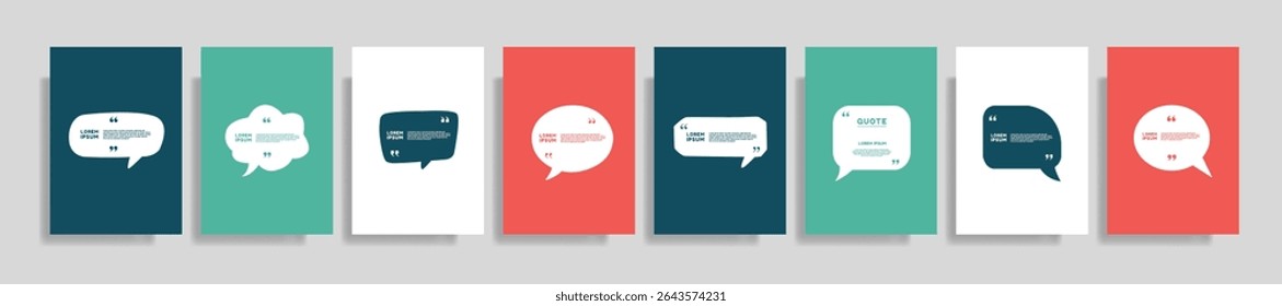 Quote speech box design templates set. Quatation text in bubble brackets frame. Citation empty graphic vector shape for social media inspiration posts. Motivation quote bubbles