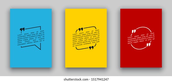 Quote speech bubble blank templates set. Text in brackets on flat paper, citation frames, quote bubbles. Textbox isolated on color background. Modern typography flat design cloud. Vector illustration.