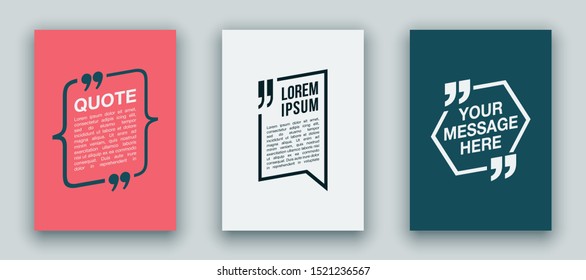 Quote speech bubble blank templates set. Text in brackets on flat paper, citation frames, quote bubbles. Textbox isolated on color background. Modern typography flat design cloud. Vector illustration.