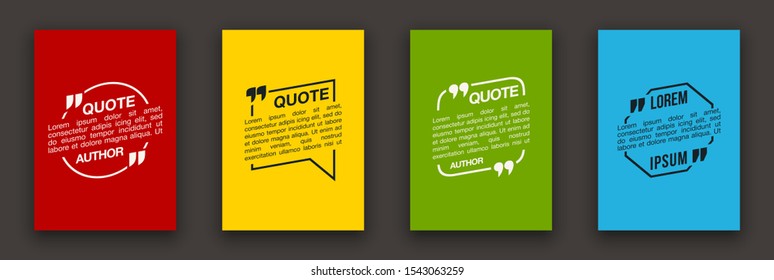 Quote speech bubble blank templates set. Text in brackets on flat paper, citation frames, quote bubbles. Textbox isolated on color background. Modern typography flat design cloud. Vector illustration.