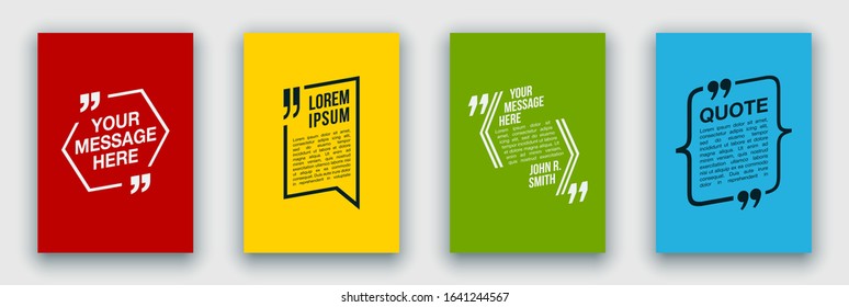 Quote speech bubble blank templates set. Text in brackets on flat paper, citation frames, quote bubbles. Textbox isolated on color background. Modern typography flat design cloud. Vector illustration.