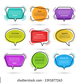 Quote speech bubble, text box, citation frame, colorful message banner isolated on white background. Vector illustration.