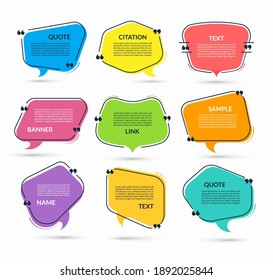 Quote speech bubble, text in quotes, citation frame, message banner, label, sticker isolated on white background. Vector illustration.