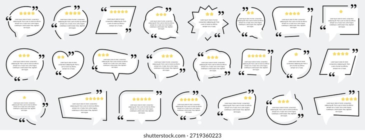 Cita burbujas de discurso con estrellas de calificación. Marcos de revisión para testimonios Comentarios y opiniones de Clientes