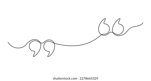 Quote in speech with commas, quotation mark in talk, continuous single line drawing. Quote mark, freehand one line hand drawn style. Vector illustration