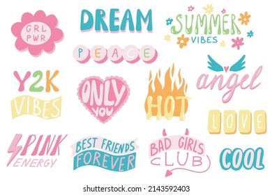 Quote stickers in 90s and 00s style. Cute cartoon doodles and lettering. Flat glamorous vector illustration. Y2k nostalgia. Retro graphic design for stickers, T-shirts prints, posters, cards.