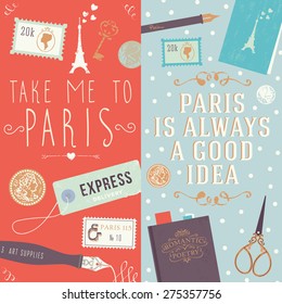 Quote "Take me to Paris" and "Paris is always a good idea". Collection of two web banners and printed materials with flat illustrations.