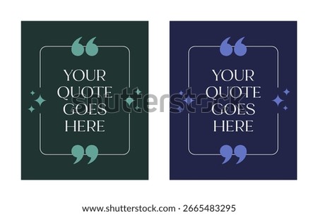 Quote template for social media post. Text box frame with quotation marks and sparkles for quotes and customer reviews. Quote frame with twinkling starts design template for social media quote post.