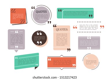 Quote text box, bubble for comment, mark design. Set of quotation banner template in flat modern style. Vector illustration background.