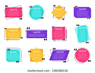 Quote text box. Cited box frame label, social network quotes dialogue bubble, remark text frames and quote frames template vector isolated icons set. Colorful note text box pack, quotation background