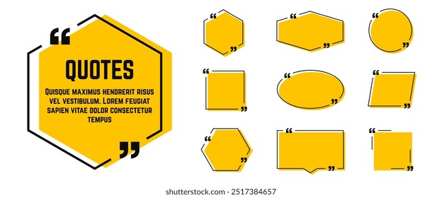Cuadro de texto Cita. Marco de cuadro de comillas con espacio en blanco para texto. Conjunto de burbujas de cita. Plantillas de cuadro de texto amarillas, íconos de mensajes y marcos de comillas con corchetes. Vector