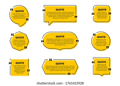 Quote text box, quote frame with space for text. Set of quotation bubbles. Abstract texting box templates, message border and quote frames with yellow background. Vector