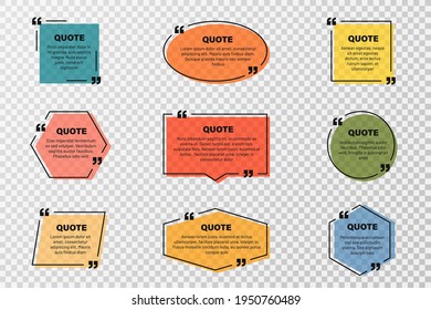 Quote text box, quote frame with space for text. Set of quotation bubbles. Transparent text box templates, message border and quote frames with colorful background. Vector
