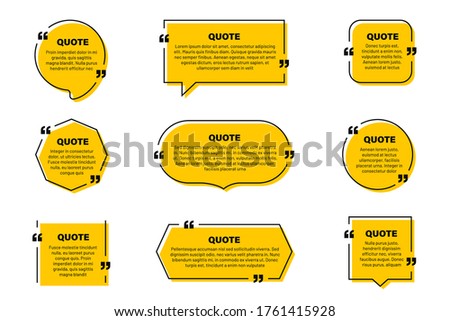 Quote text box, quote frame with space for text. Set of quotation bubbles. Abstract texting box templates, message border and quote frames with yellow background. Vector