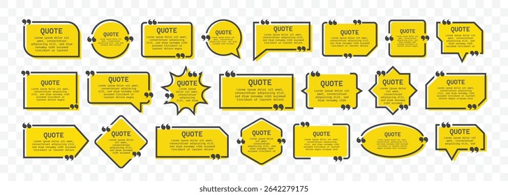 Quote text box frame in speech bubble.Chat bubble in yellow,Text info speech bubble design for blog.Templates of texting black line quote frame symbols.Creative vector banner illustration.